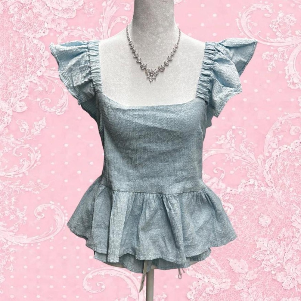 FRANCESCA'S MI AMI LIGHT BLUE TEXTURED PEPLUM TOP